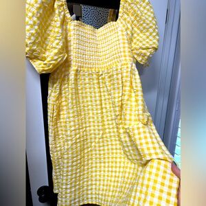 Yellow Checkered Puff Sleeve Dress